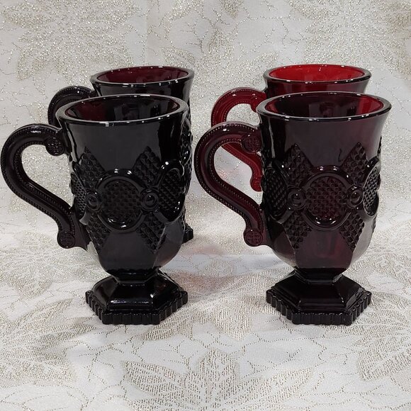 Avon cape cod collection vintage four piece ruby red footed glass mugs - Picture 1 of 6
